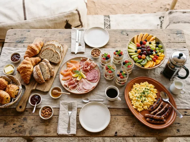 Bedouin camp breakfast buffet spread