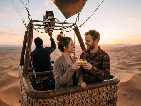 Couple alone in a hot air balloon basket toasting with juice at sunrise over the Dubai desert