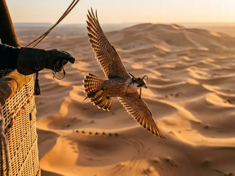 Falcon flying beside a hot air balloon over the Dubai desert