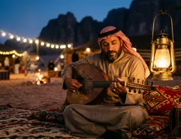 Live Bedouin music performance by lantern light at a desert camp